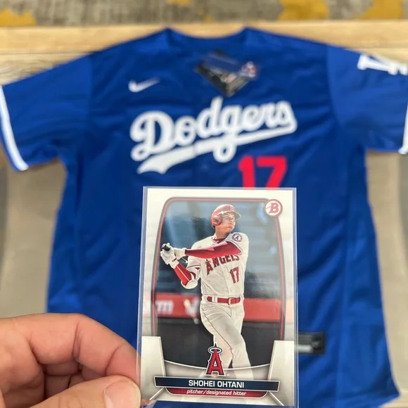 Shohei Ohtani Jersey and Card Mens Large Blue Los Angeles Dodgers - Picture 1 of 8